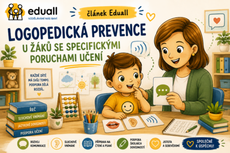 Logopedická prevence u žáků se specifickými poruchami učení – Edáček při logopedickém cvičení s učitelkou zaměřeném na řeč, sluchové vnímání a jazykové dovednosti.