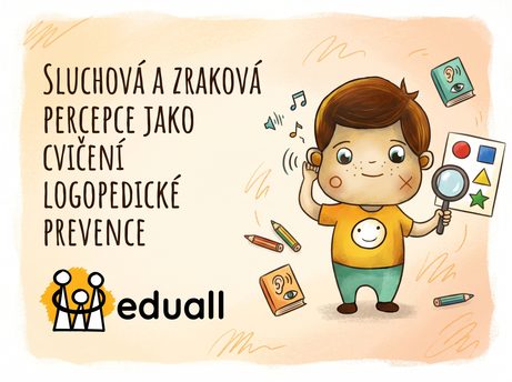 Ilustrovaná postavička chlapce Edáčka se symboly pro trénink zraku a sluchu. Vedle něj je nápis Sluchová a zraková percepce jako cvičení logopedické prevence a logo organizace Eduall.