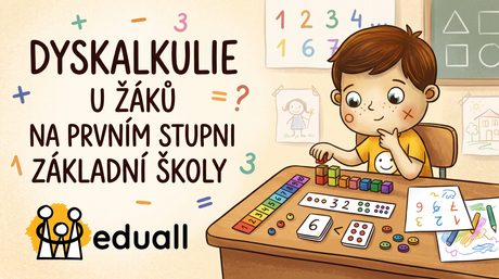 Ilustrace chlapce Edáčka, který sedí u lavice a zamyšleně pracuje s matematickými pomůckami, jako jsou barevné kostky, číselná osa a kartičky. Kolem něj poletují zmatená čísla a matematická znaménka. V levé části je nápis Dyskalkulie u žáků na prvním stupni základní školy a logo organizace Eduall.